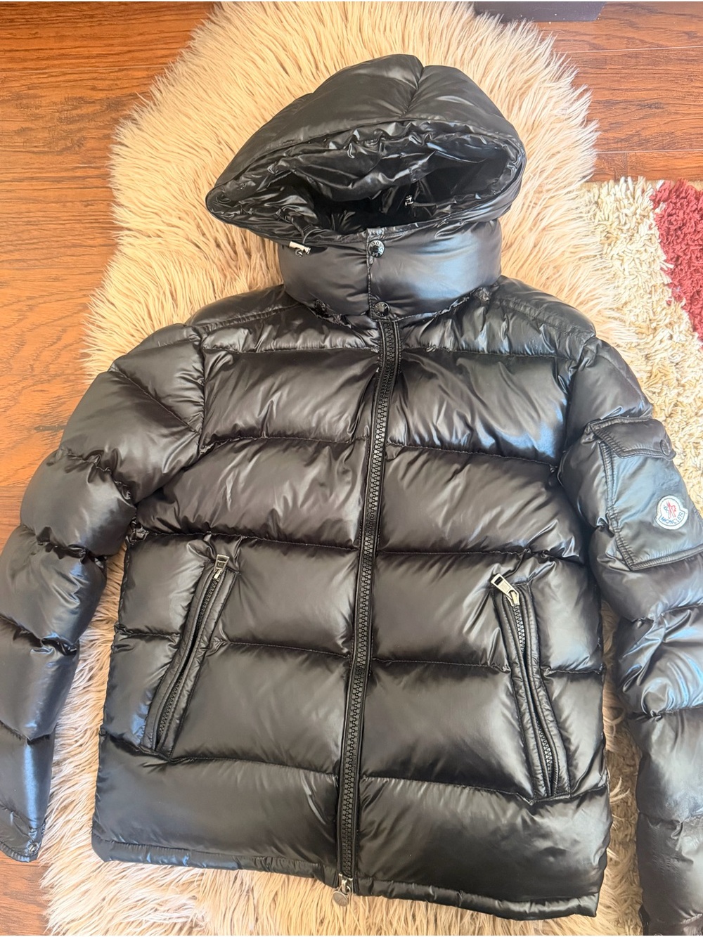 Moncler Black Glossy Quilted Jacket with Logo Patch